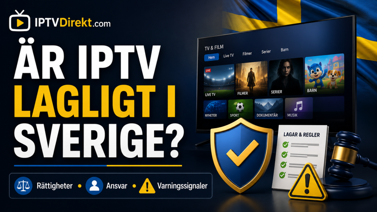 Illustration om IPTV-laglighet i Sverige med TV-skärm, svensk flagga, skyddssköld, varningssymbol och lagklubba.