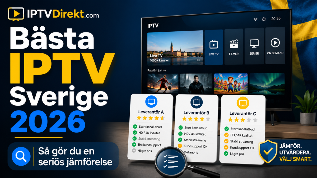 Jämförelse av IPTV-tjänster i Sverige 2026 med IPTV Direkt-logotyp, tv-skärm, betygskort och checklista.