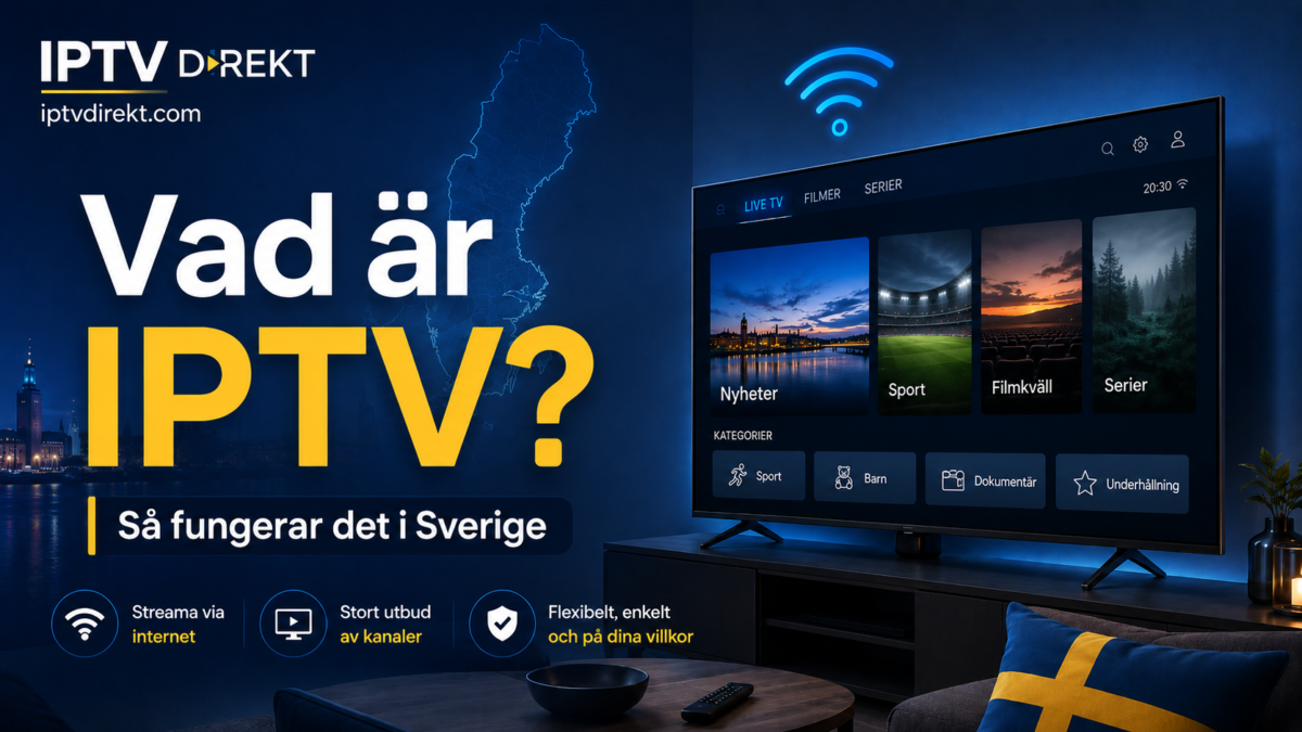 Vad är IPTV och hur fungerar det i Sverige – illustration med smart-tv, wifi-symbol, Sverigekarta och IPTV Direkt-logotyp.