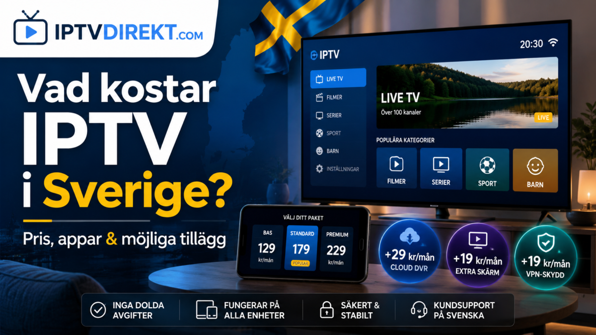 Vad kostar IPTV i Sverige – jämförelse av priser, appar, tillägg och kompatibla enheter med IPTV Direkt.